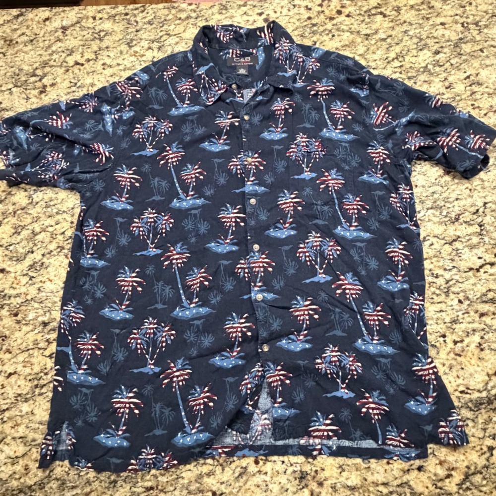 Croft & Barrow Mens XL Patriotic Palm Tree Rayon Button Down Shirt Navy Blue 4th